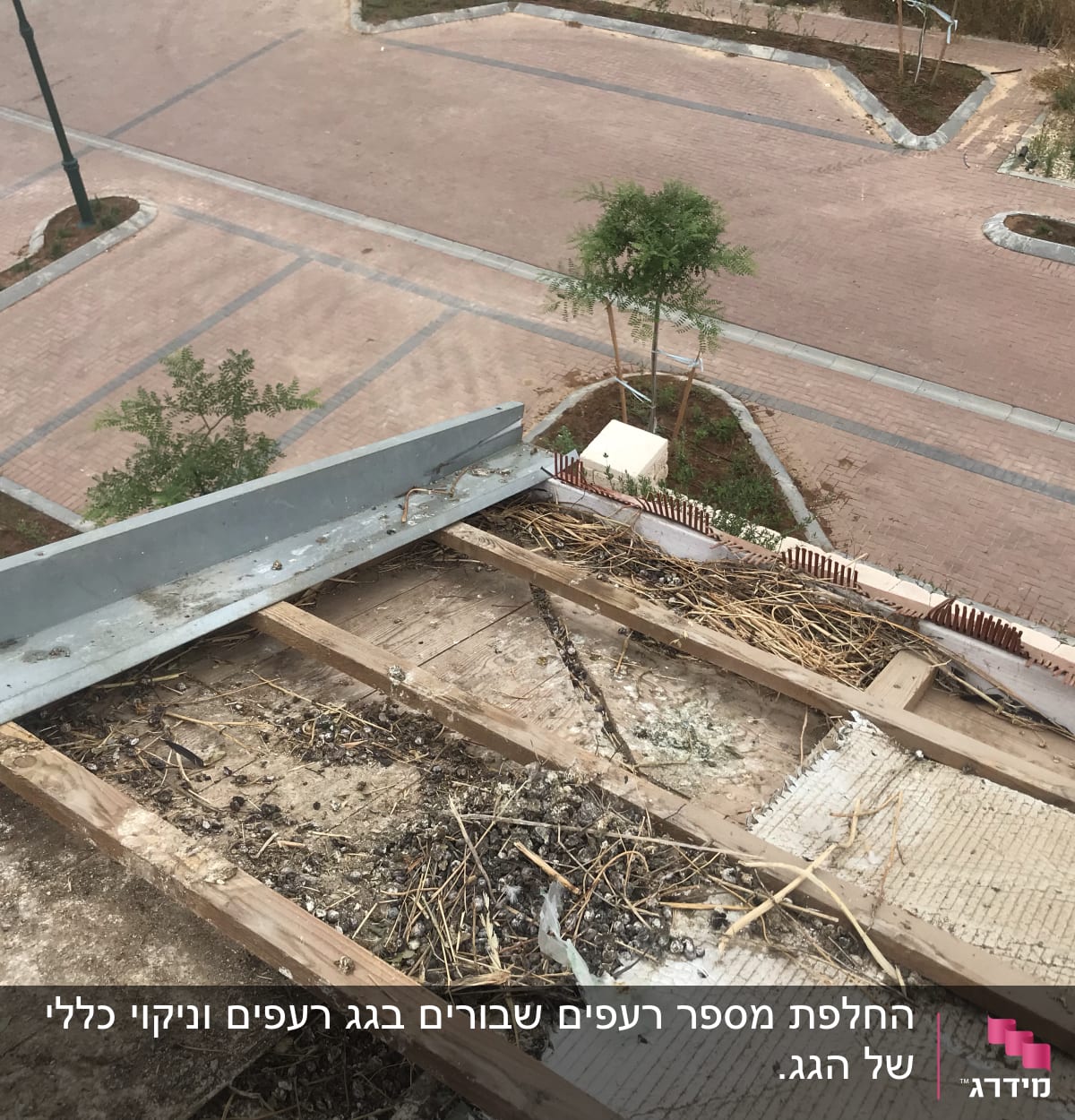 גג עם קרשים, מתכת וענפים יבשים